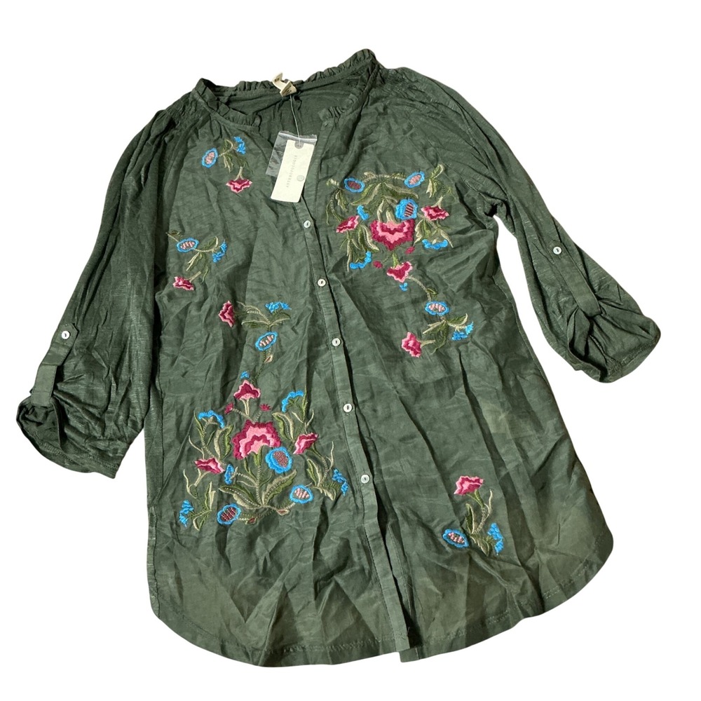 NEW Anthropologie Tiny Boho Floral Embroidered Blouse Women XS Green Silk Blend